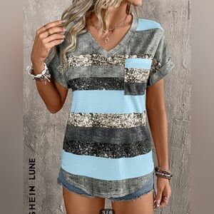 SHEIN LUNE V-Neck Striped Patch Pocket T-Shirt